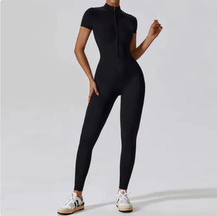 Zippered Short Sleeve Yoga Jumpsuit