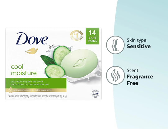 Dove Skin Care Beauty Bar, Cucumber and Green Tea 3.75 oz, 14 Bars 3.75 Ounce (Pack of 14)